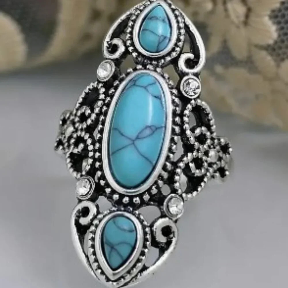 Bohemian Chic Retro Turquoise Statement Ring Hollow Carved Ethnic Style …